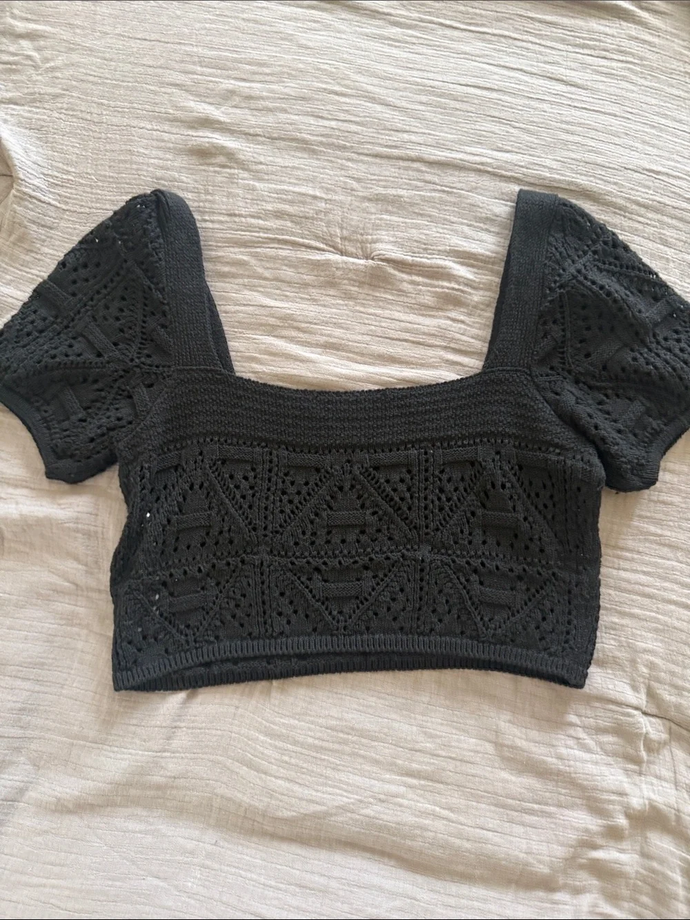 ZARA Black Crochet Square-Neck Crop Top with Puff Sleeves